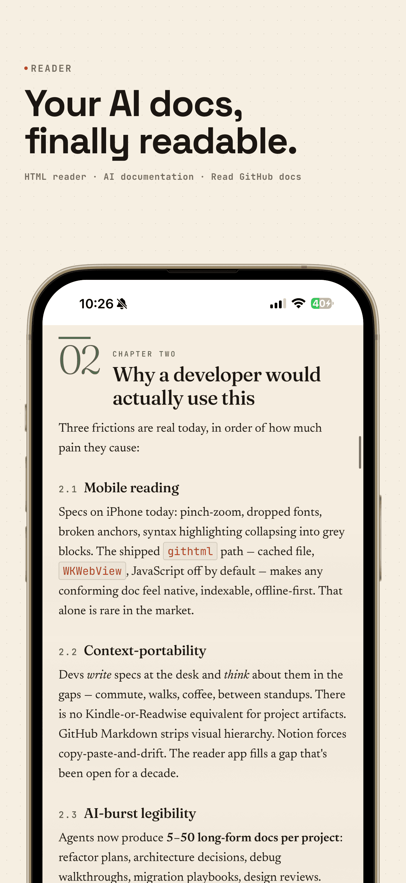 gitHtml iOS reader rendering an HTML document from a GitHub repository