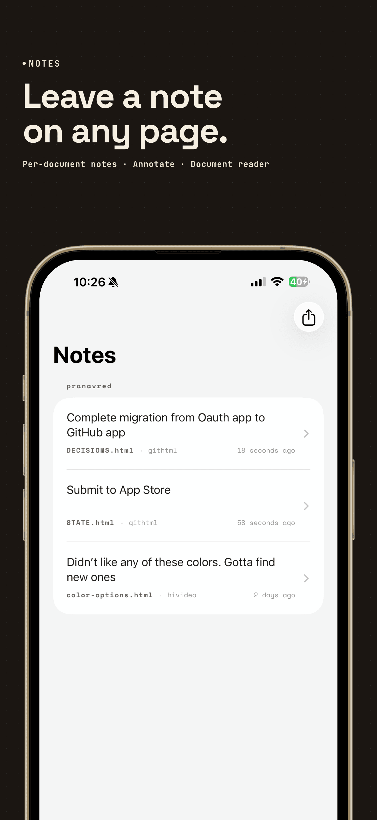 Notes tab in gitHtml listing per-document notes saved across multiple repositories