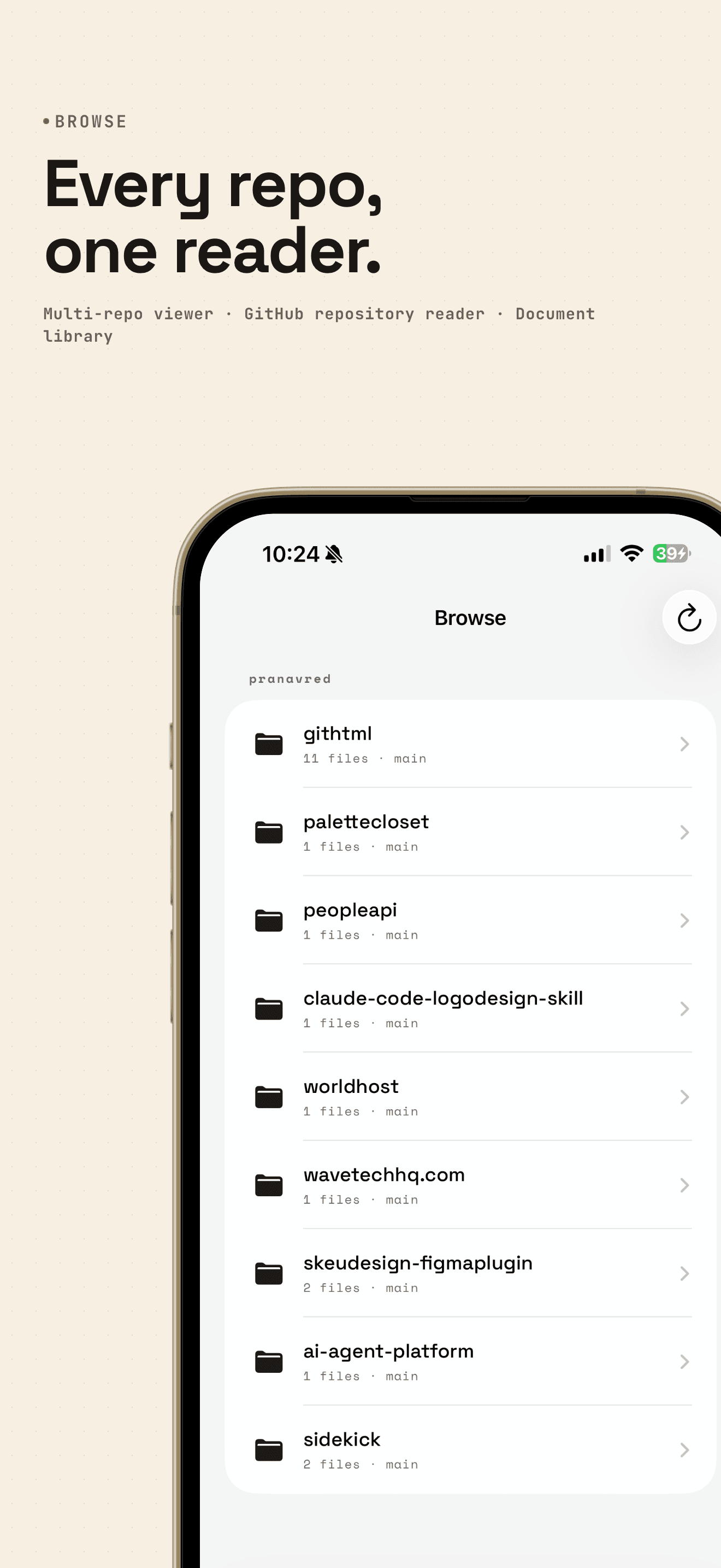 Browse tab in gitHtml listing the user's connected GitHub repositories
