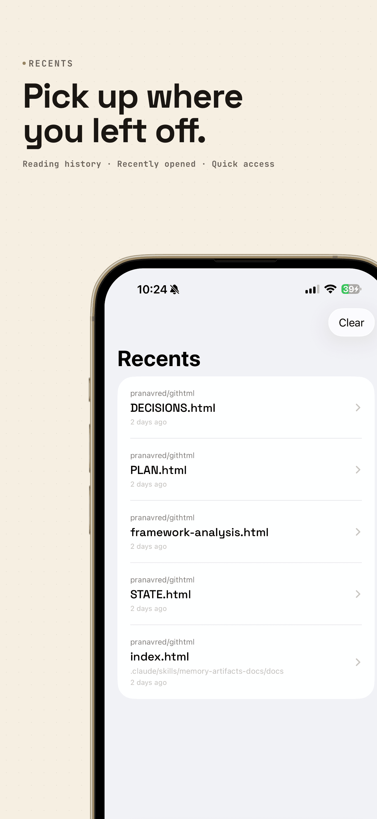 Recents tab in gitHtml listing recently-opened HTML documents with timestamps