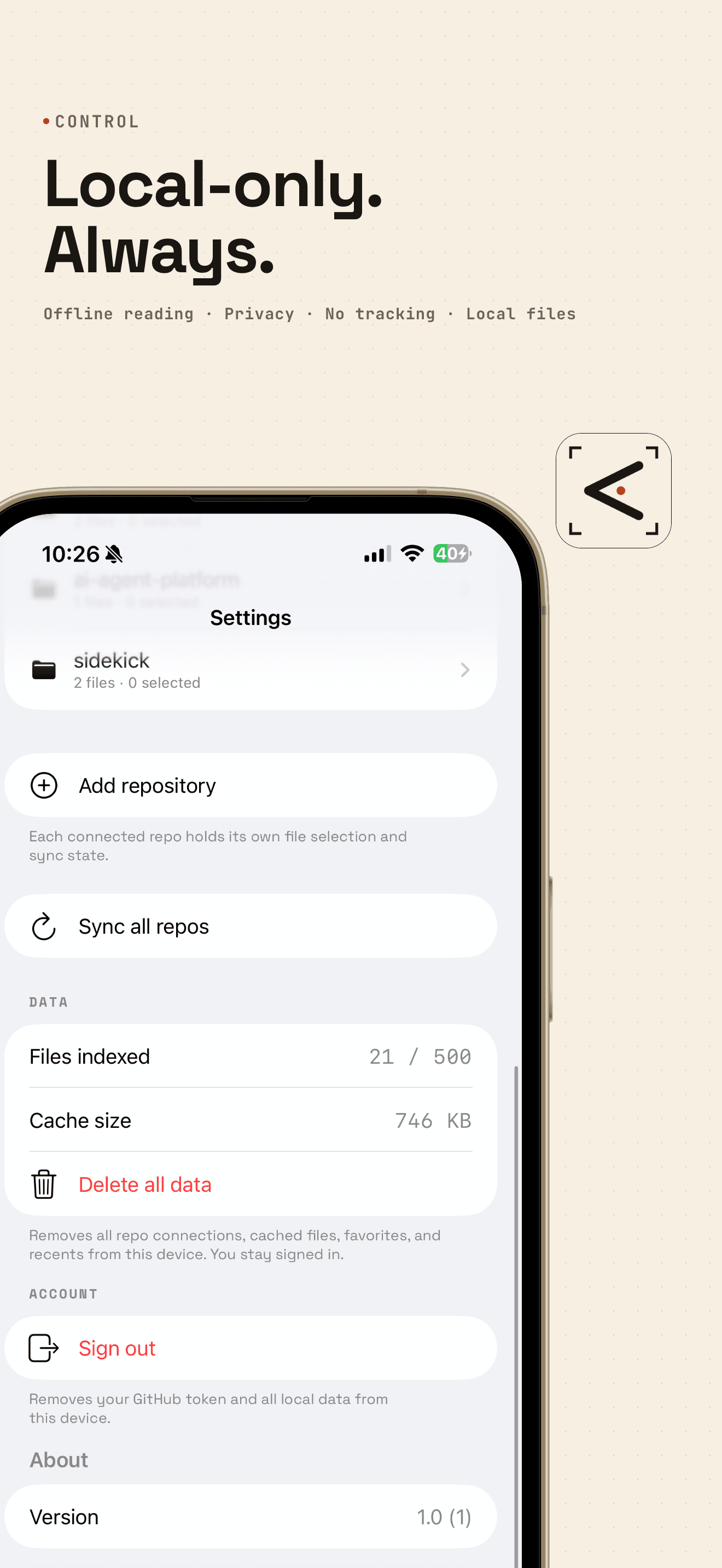 gitHtml Settings screen showing local cache size, indexed file count, and Delete all data